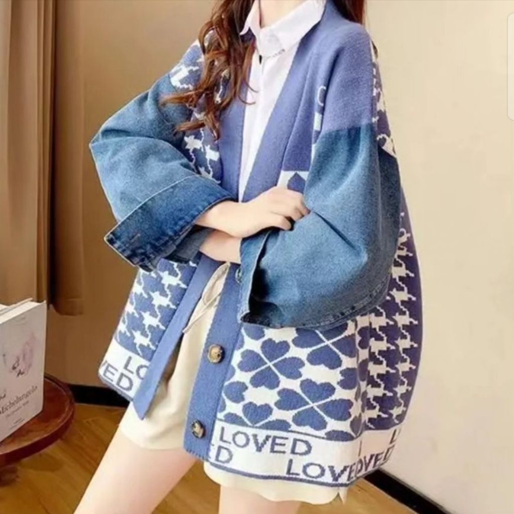 Baru - Atasan Wanita Import, Cardigan Rajut Kombinasi Mix Jeans / Denim, Outer, Lengan Panjang, Prem