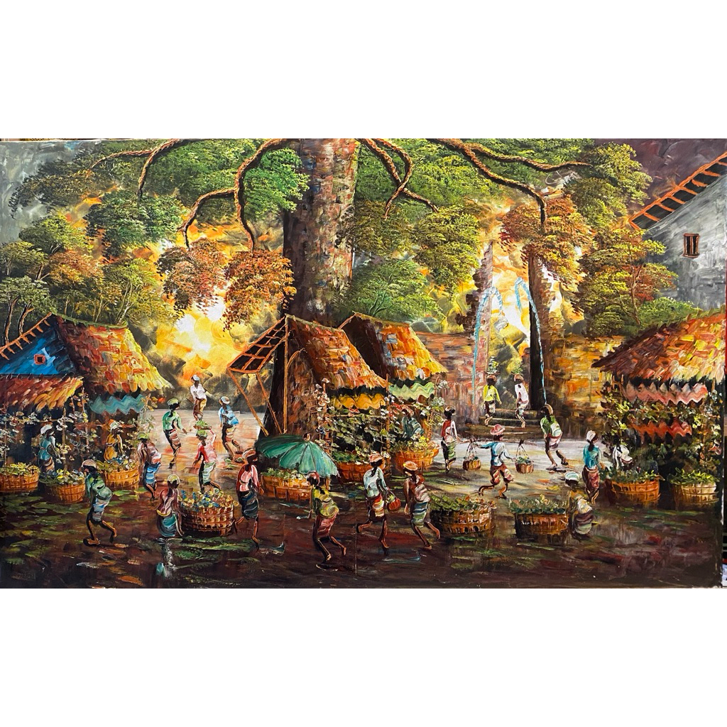 lukisan pasar tradisional Bali, lukisan asli buatan tangan, lukisan cat minyak
