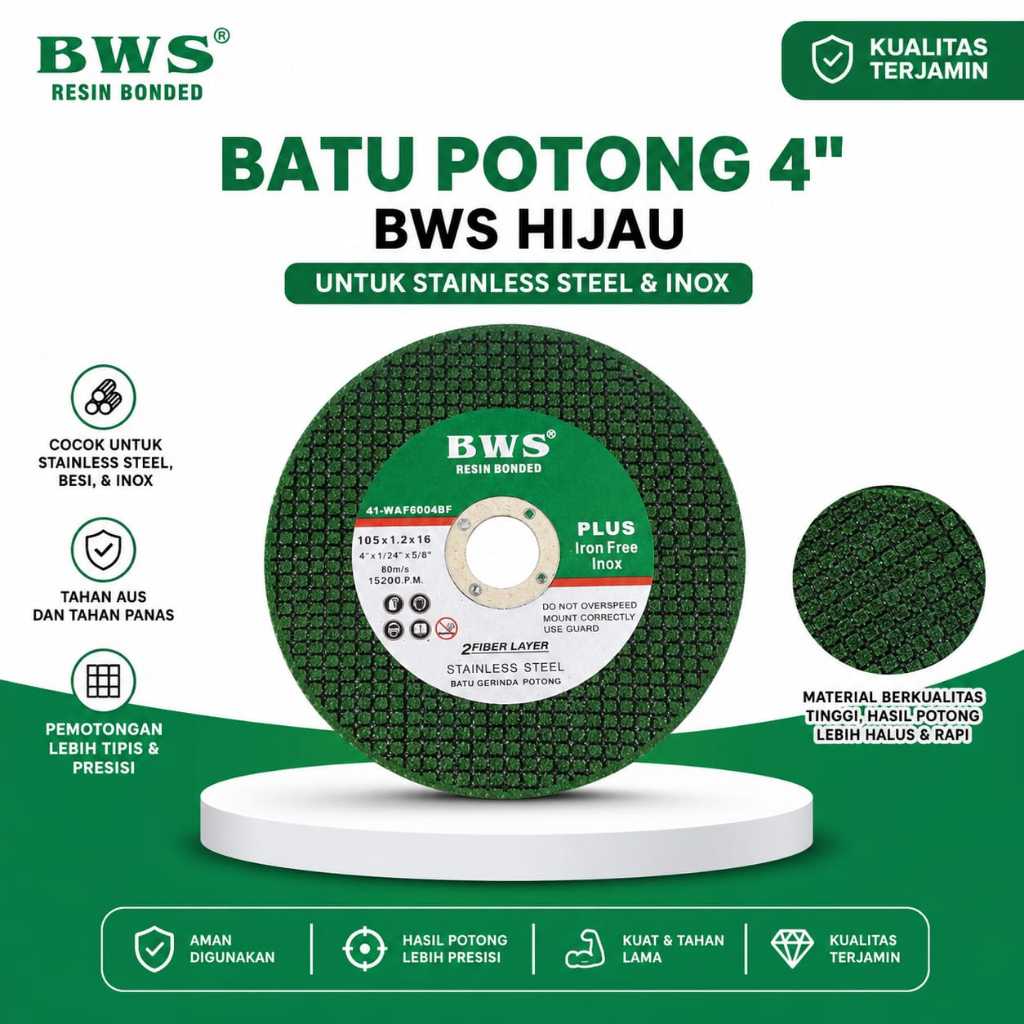 Batu Potong BWS 4" Inch Hijau 105mm Mata Gerinda Potong Besi Inox Stainless Tipis 1.2mm/ BWS Batu Ge