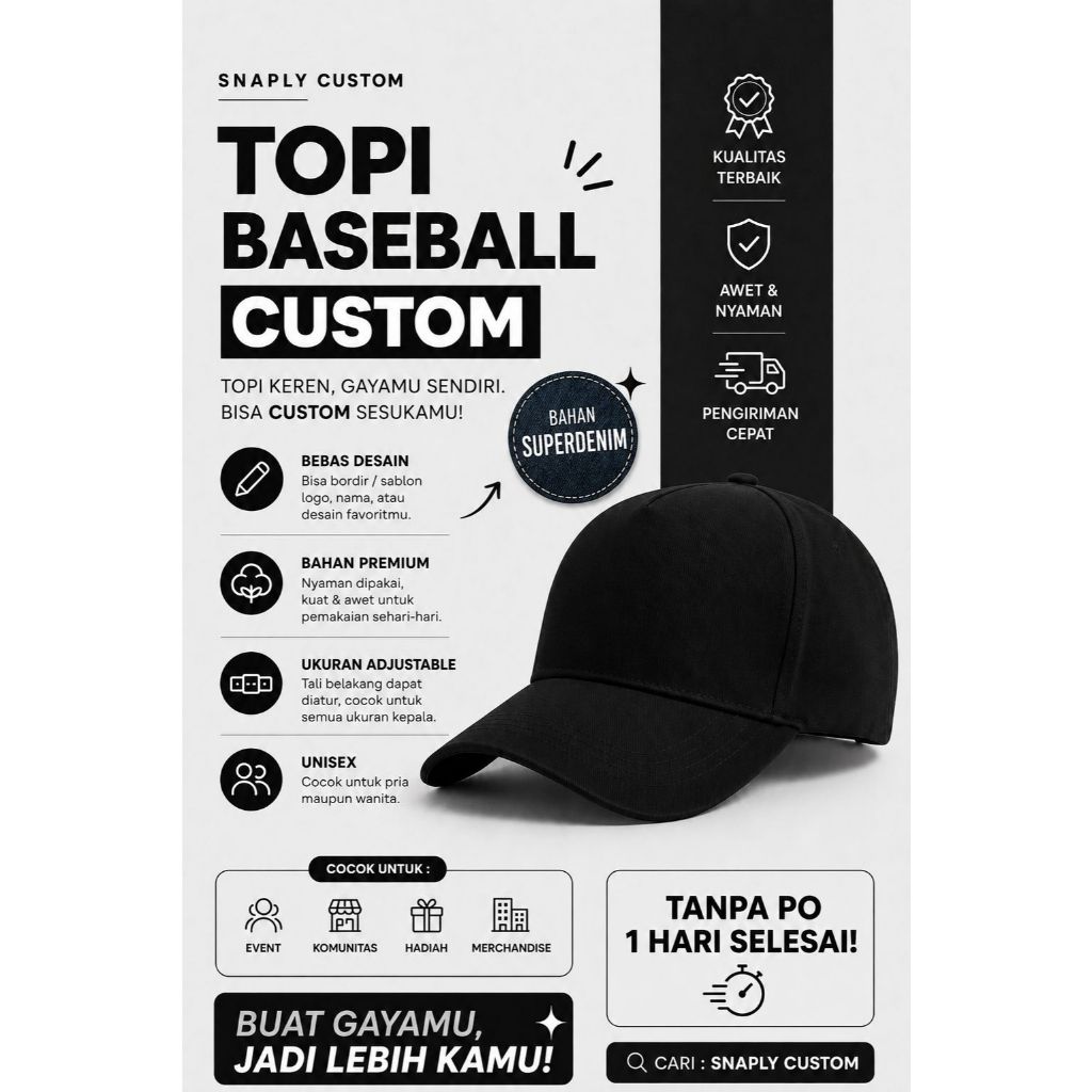 Topi Baseball Custom Bordir & Sablon DTF Premium | Topi Baseball super denim | Bisa Satuan & Grosir 