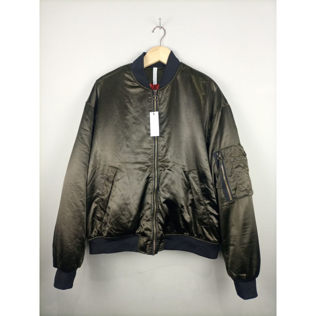Jaket Zara Man Original Bomber Satin Tebal_Army Pekat_Size Masuk XL fit XXL Boxy