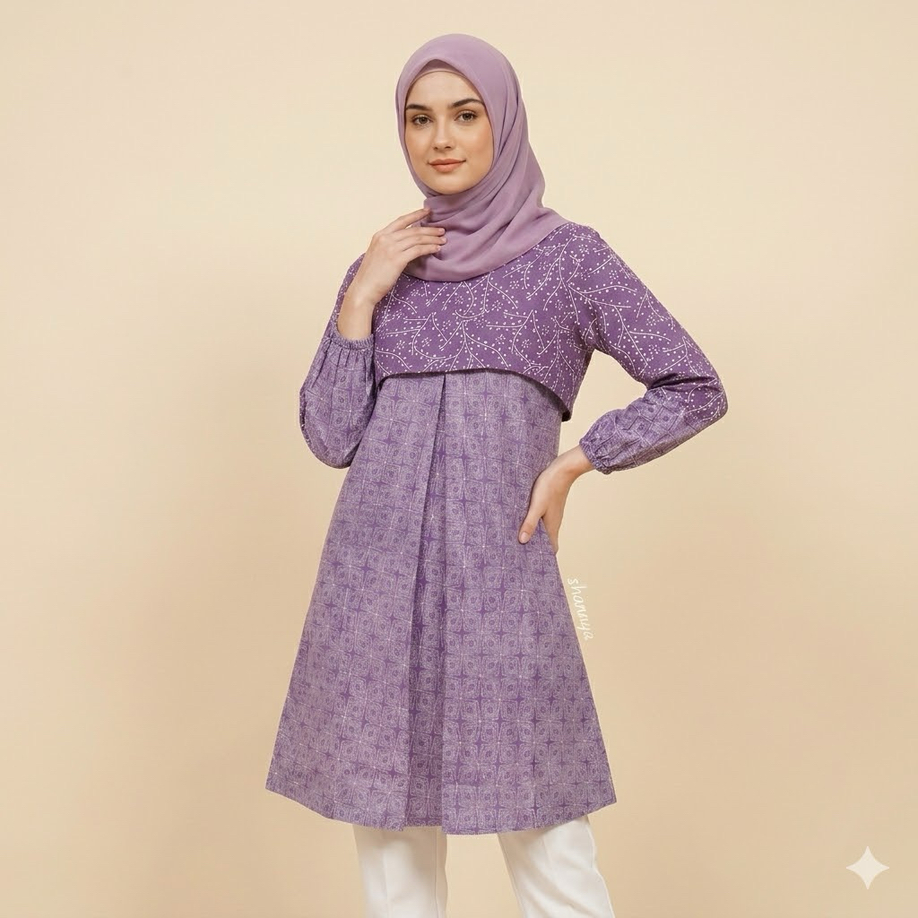 Shanaya Batik Tunik Mauza Garutan Lilac Batik Cantik Kekinian Modern blouse Kerja Batik Resmi
