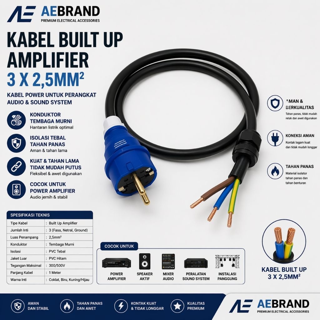 KABEL POWER BUILT UP AMPLIFIER 3X2,5MM / KABEL POWER BUNTUNG 3X2.5MM / kabel AC power built up plus 