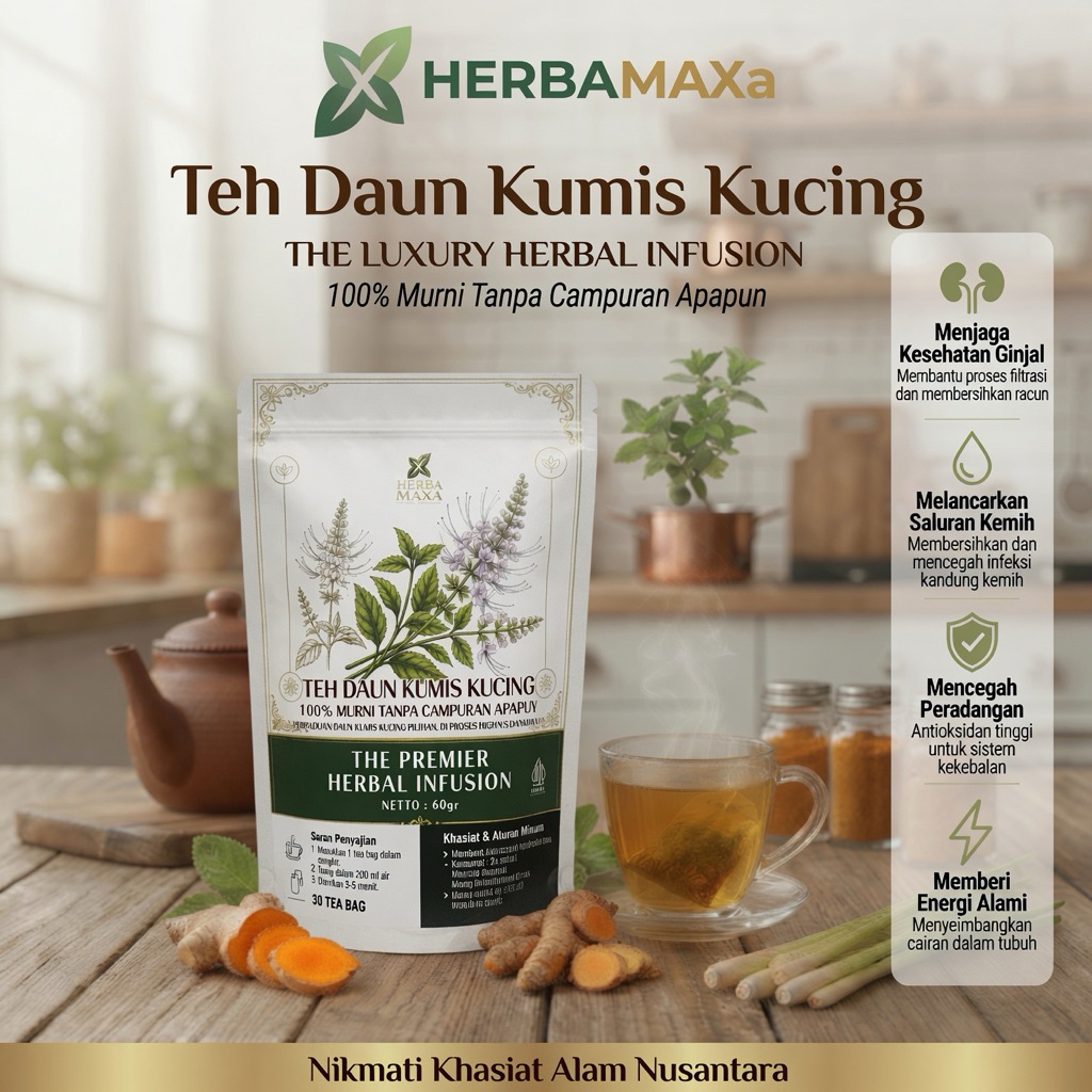 Teh Herbal Daun Kumis Kucing 30 kantung 100% Original, Teh kumis kucing Murni, HERBAMAXA