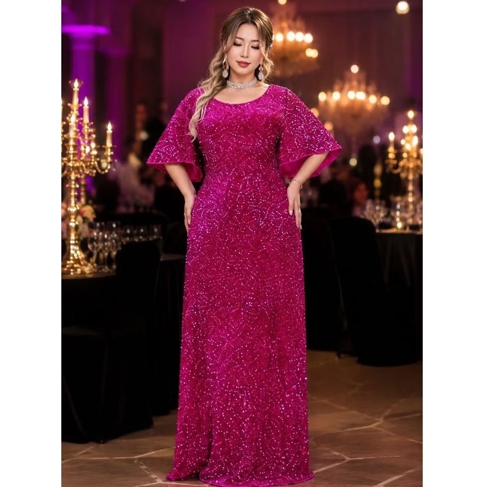 (Ready Stock) Gaun Pesta Pink Fuchsia Premium Full Sequin | Dress Elegan Big Size Wanita XL-5XL | EC