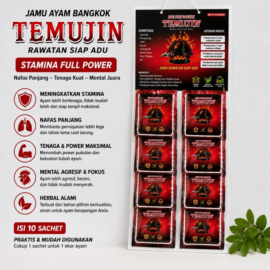 Jamu Ayam Laga TEMUJIN 1 Renteng Isi 10 Sachet | Jamu Ayam Aduan Herbal | Penambah Stamina Nafas Pan