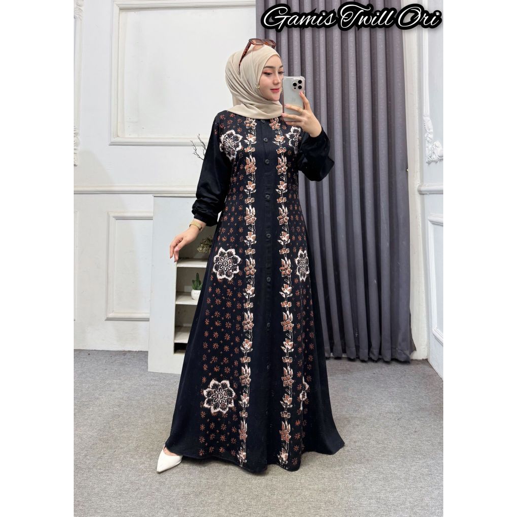 Gamis Hitam Motif Bunga -Bahan Twill Original-Gamis Casual Daily Spesial Edition By Angkasa Batik