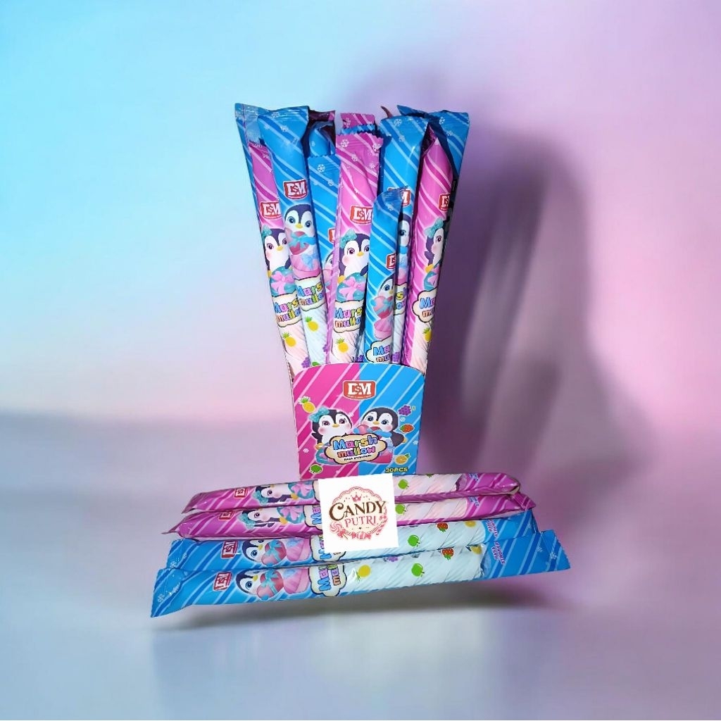 Marshmallow Kepang Panjang 30 Pcs - Bentuk Keriting, Rasa Strawberry, Warna Pink Biru Mix