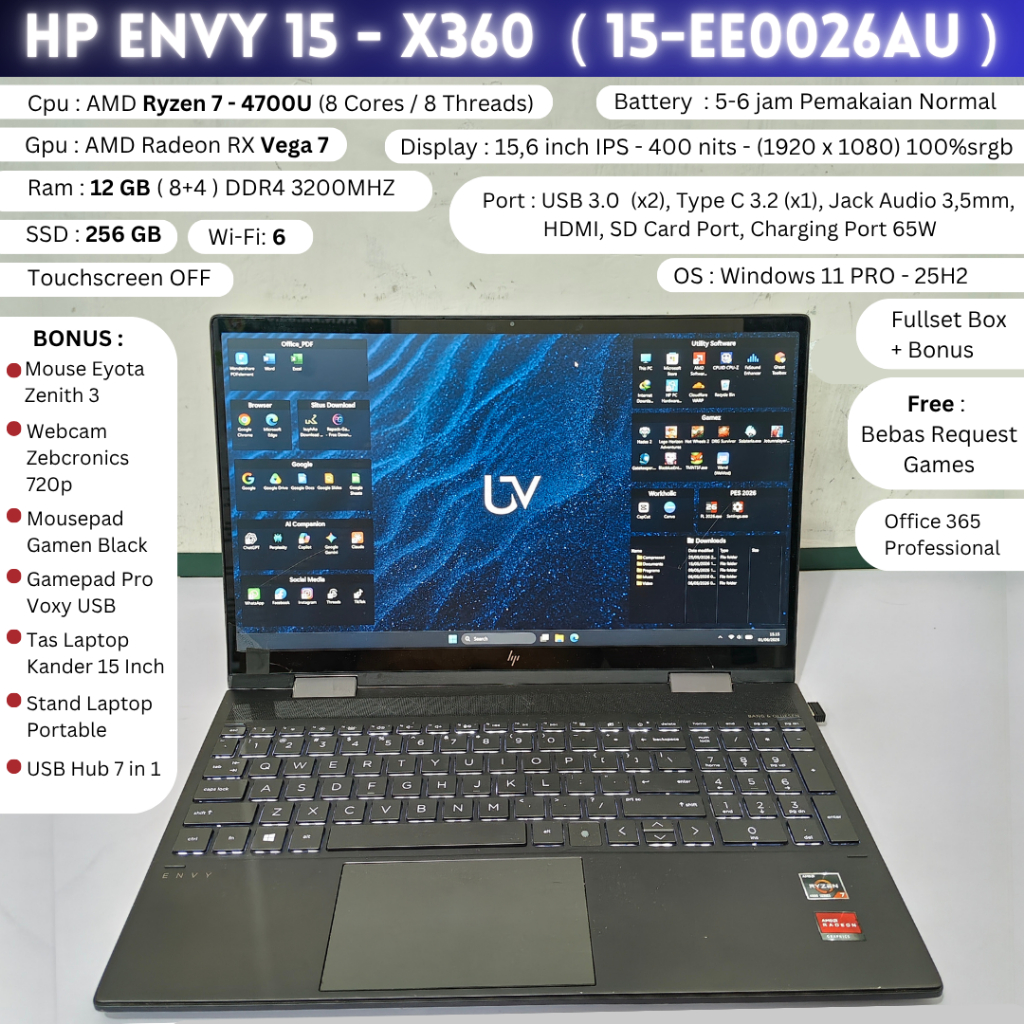 HP ENVY x360 15-ee0026AU - Ryzen 7 4700u, 12GB Ram, 256GB SSD + Bonus Banyak, Laptop Ultrabook, Lapt
