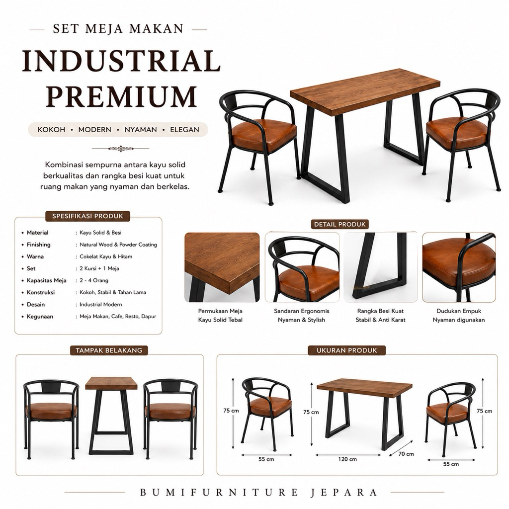 Meja Kursi Cafe Industrial Kayu Jati + Besi | Set Meja Makan Cafe Modern
