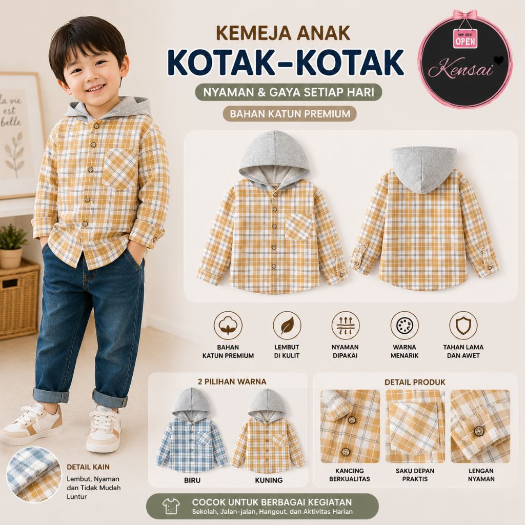 Kemeja flanel anak usia 1-8 th/ Jaket hoodie kotak-kotak flanel anak usia 1-8 th/ Kemeja flanel hood