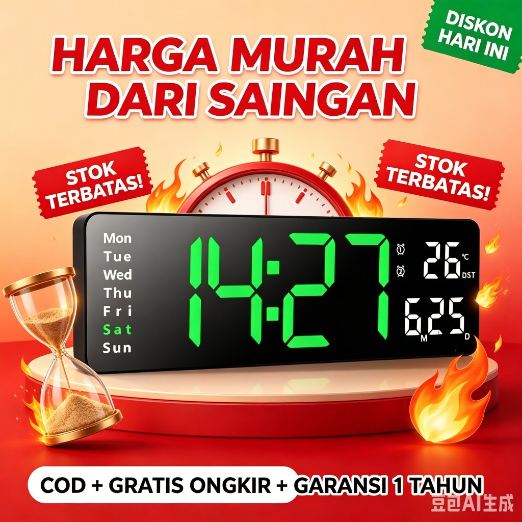 Jam Tampilan Layar Besar 13 Inci /Jam Digital Nordik/Jam Dinding /Jam Dinding Ruang Tamu Sederhana