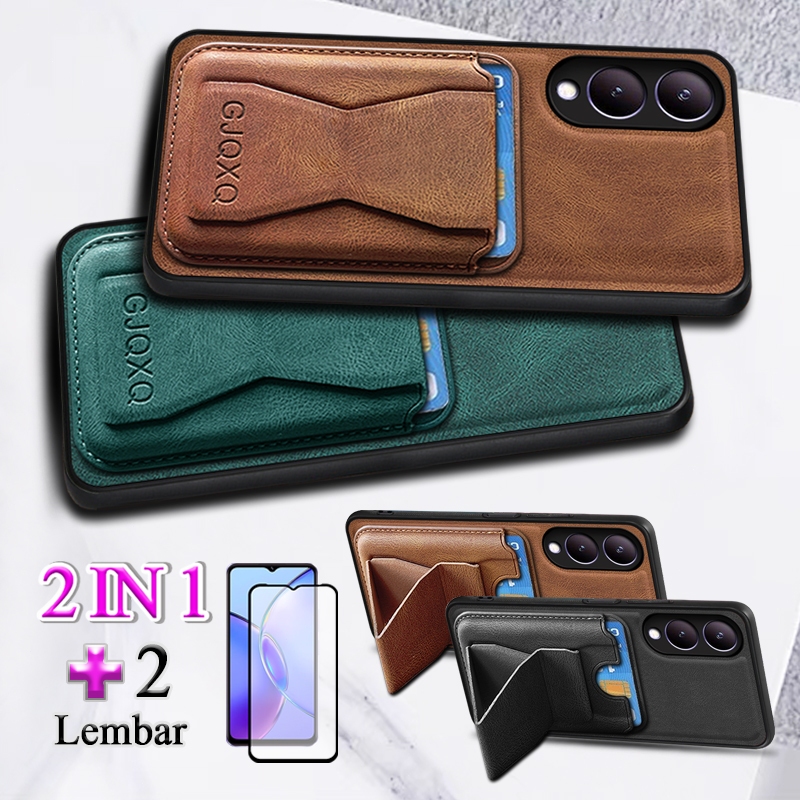 2 In 1 Case For VIVO Y17S Casing Ponsel Kulit Premium Dengan Slot Kartu Kredit Dompet Dan Film Keram