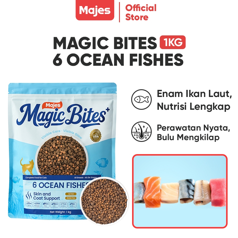 Majes Magic Bites Hair & Skin Care Makanan Kucing Kering 1kg Rasa Salmon - Adult Dry Cat Food
