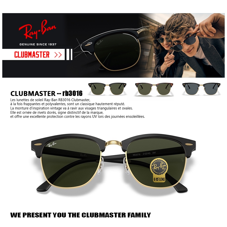 Asli kacamata hitam Ray-Ban RB3016 CLUBMASTER CLASSIC lensa kaca pria dan wanita Original sunglasses