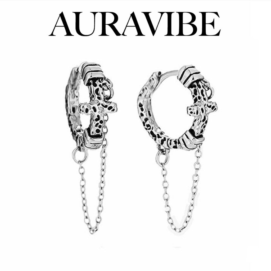 AURAVIBE Anting Pria Hoop Salib Rantai Gantung Bahan Tembaga Lapis Perak Style Punk Vintage Anti Kar