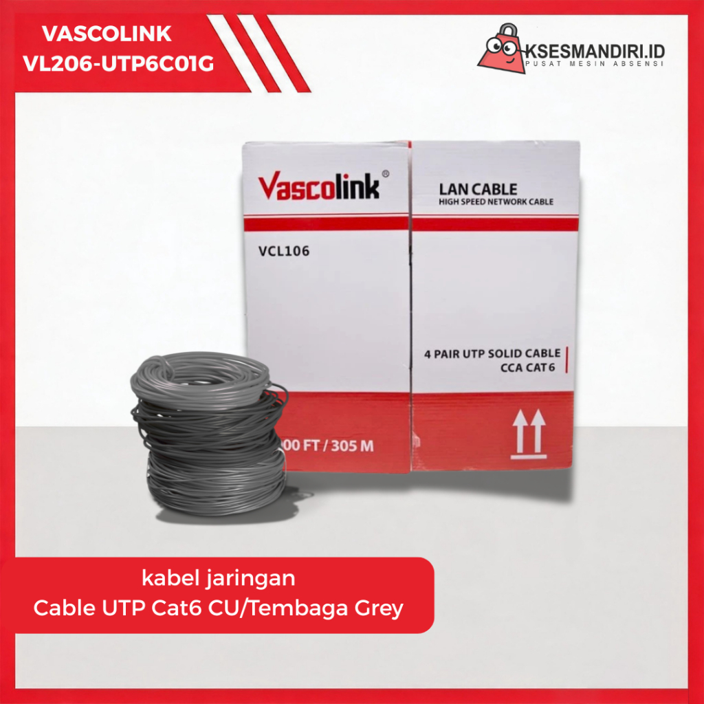Vascolink Kabel LAN UTP Cat6 Tembaga Murni (CU) 305 Meter - Grey