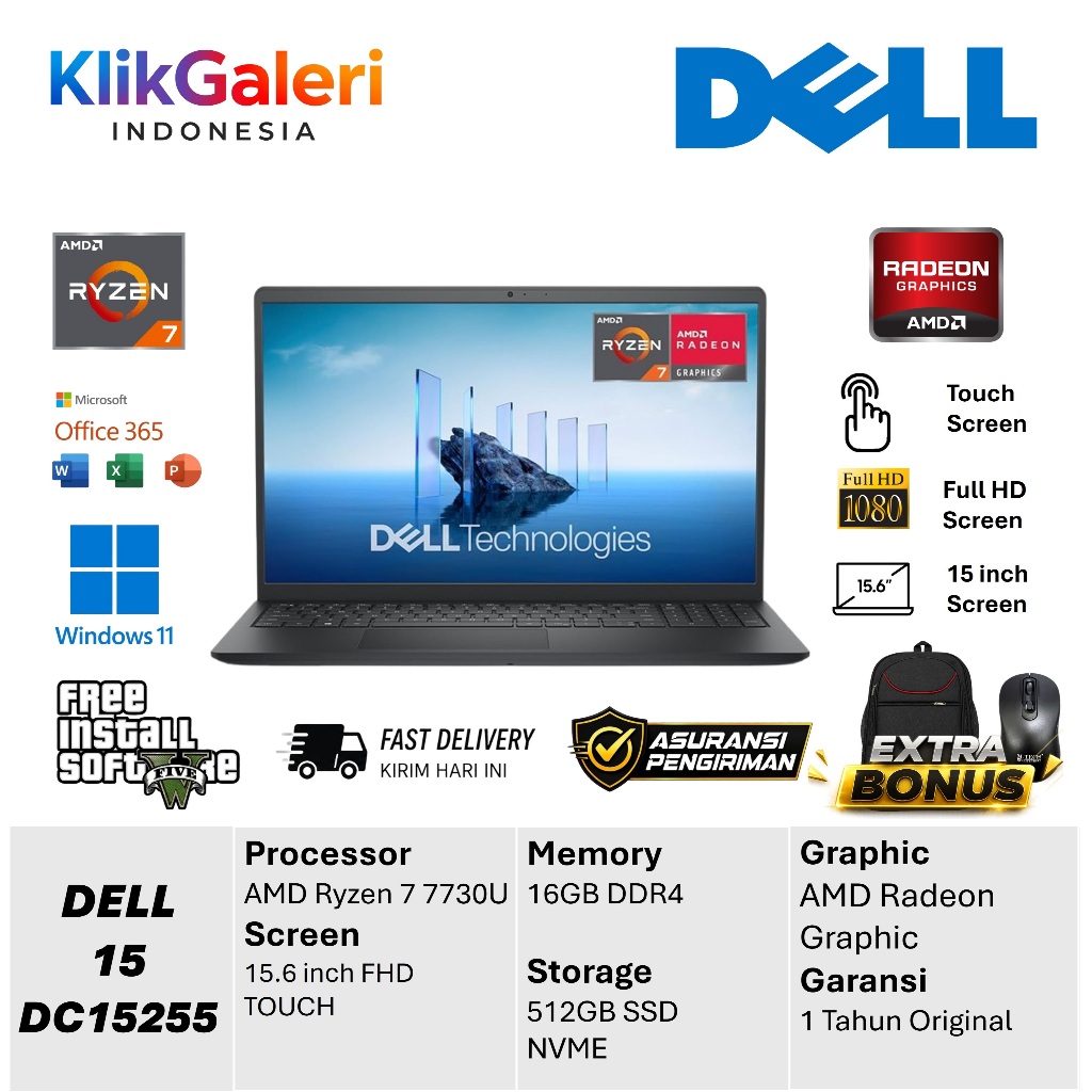 Laptop Dell Ryzen 7 7730U RAM 16GB SSD 1TB Touchscreen FHD IPS Win11 Laptop Kantor Kuliah