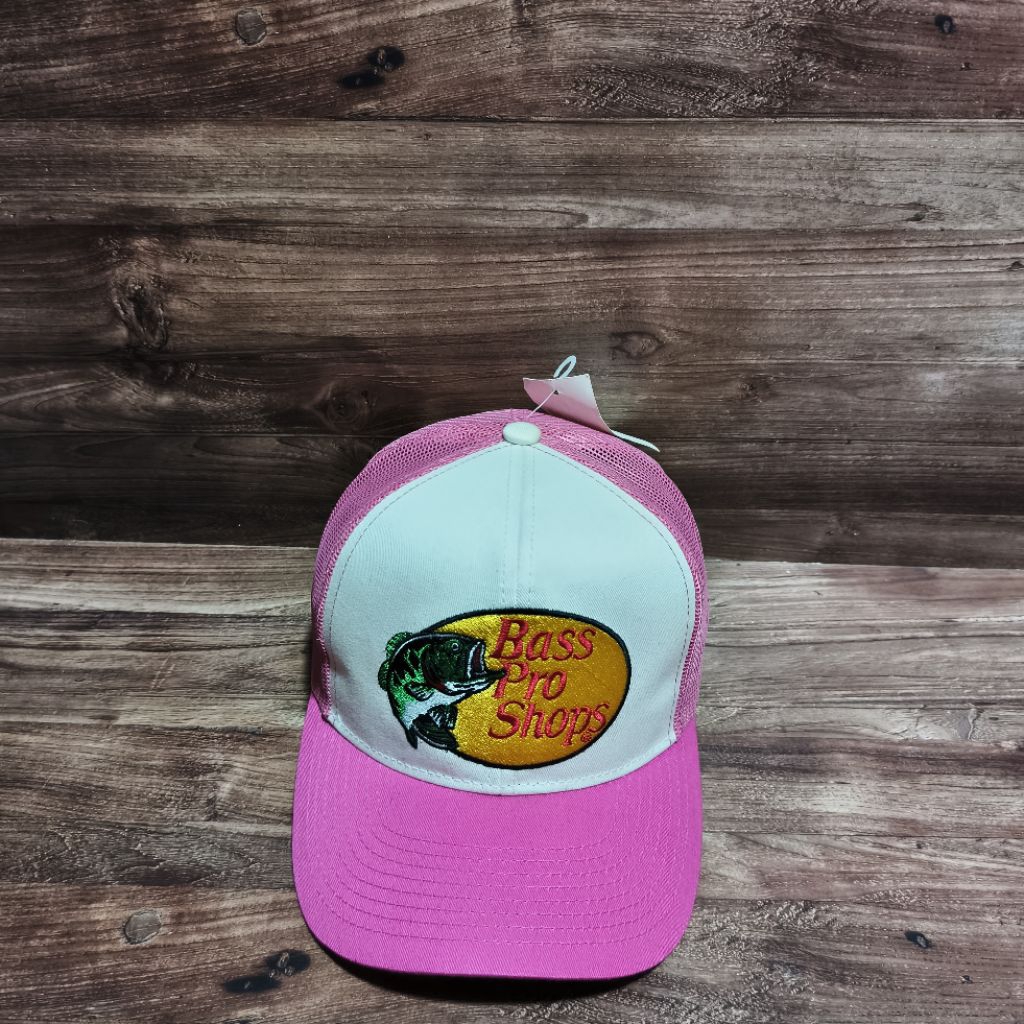 topi trucker hat bass pro shops bordir logo pink