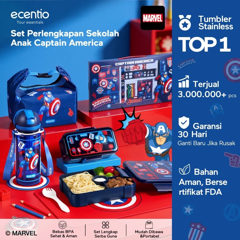 ecentio Captain America Lunch Box Anak Set Botol Minum Kotak Makan Anak Anti Bocor Anti Tumpah Tempa