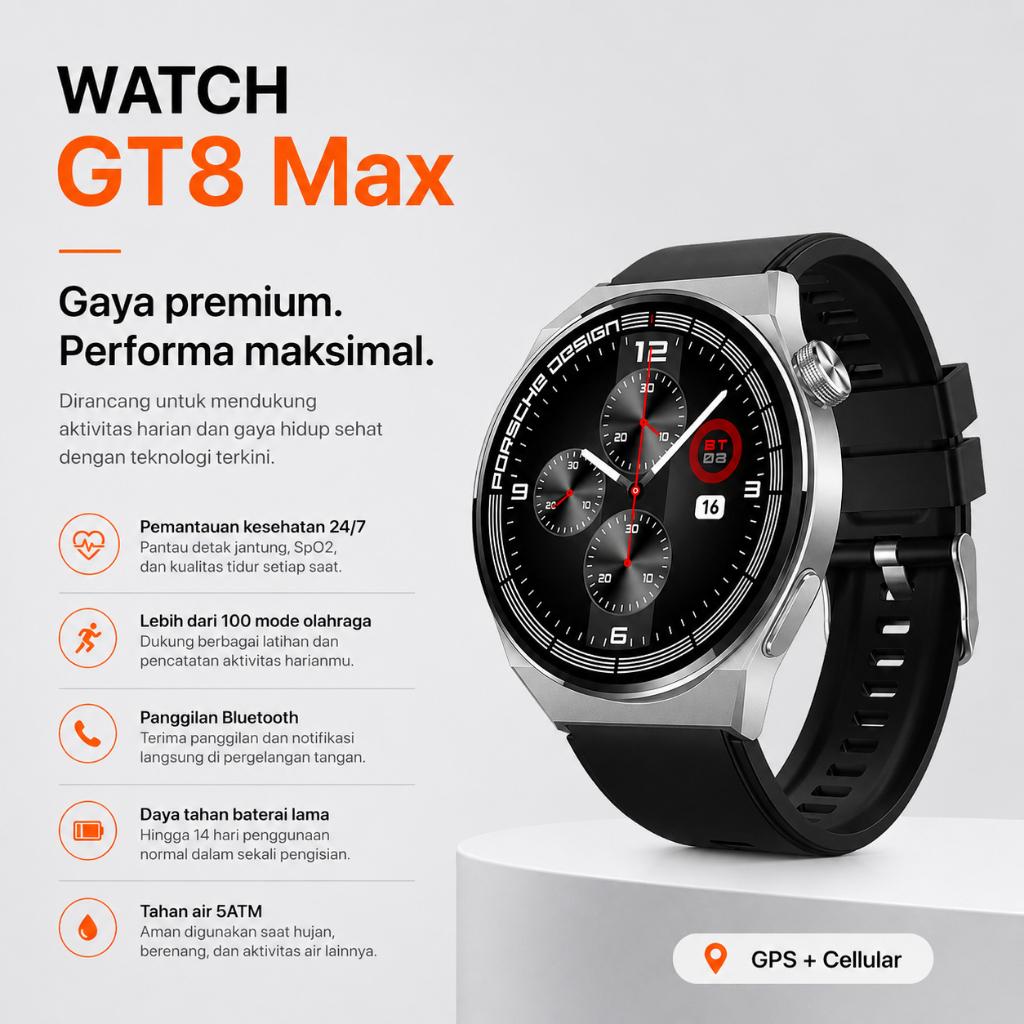 COD Smartwatch GT8 Jam Tangan Pintar Pria Wanita Bluetooth Call GPS Detak Jantung Mode Olahraga Taha