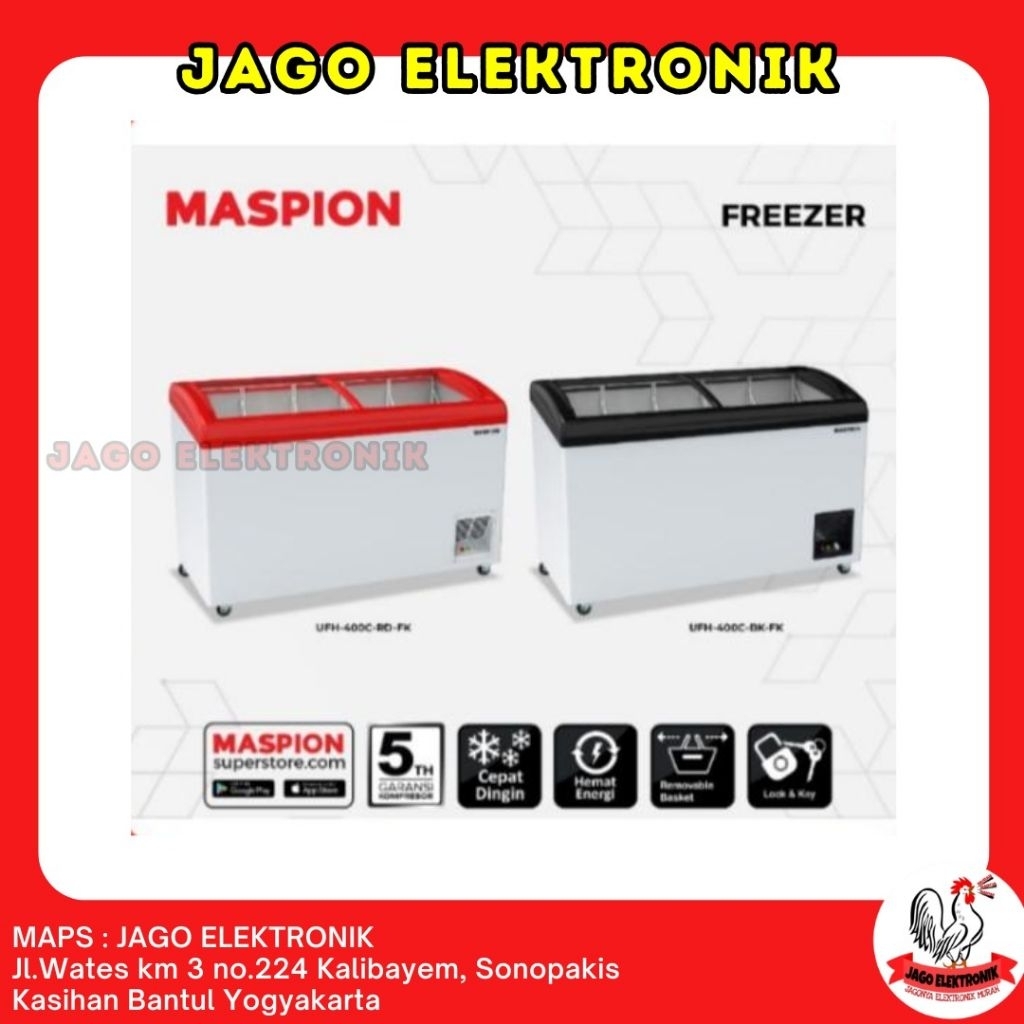 Freezer Box Sliding Maspion 400L Full Keranjang UFH-400CBK FK Freezer Kaca Cembung