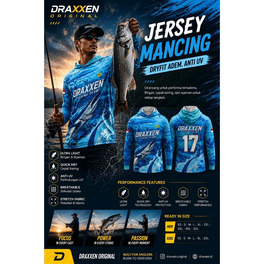 Jersey Mancing Dryfit Premium Lengan Panjang – Adem, Anti UV | Baju Fishing Outdoor Draxxen