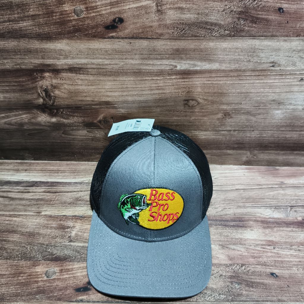 topi trucker hat bass pro shops bordir logo charcoal