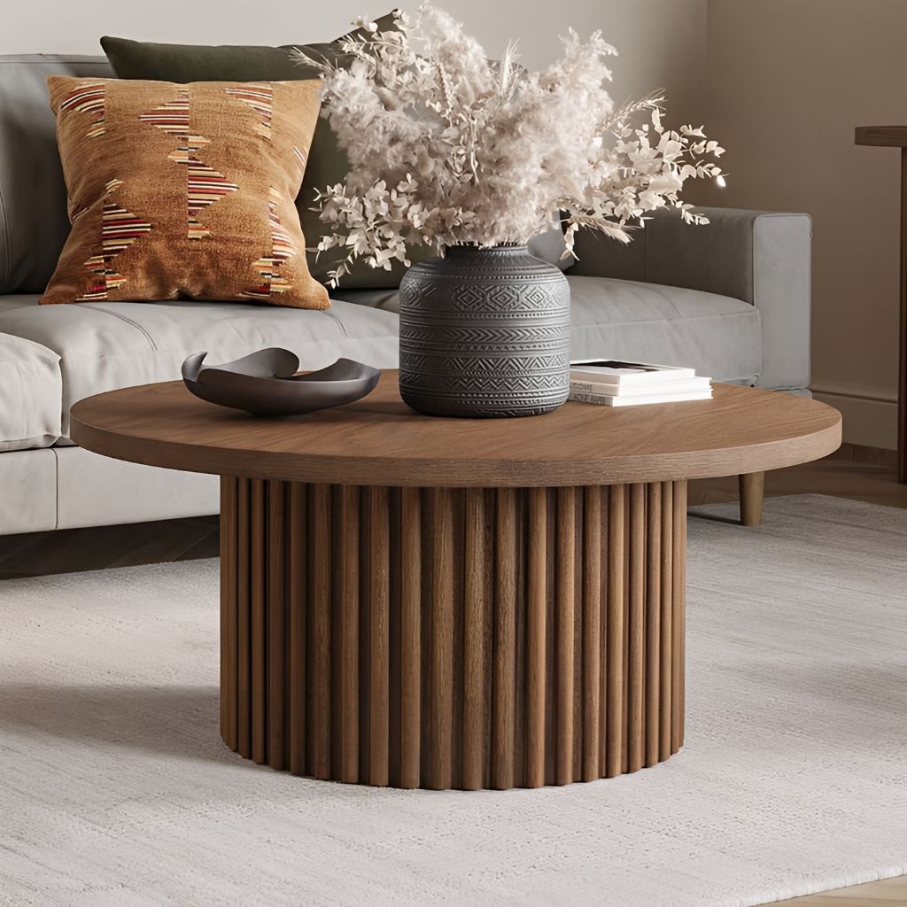 Meja Tamu Bulat Modern – Fluted Coffee Table Kayu Solid Estetik