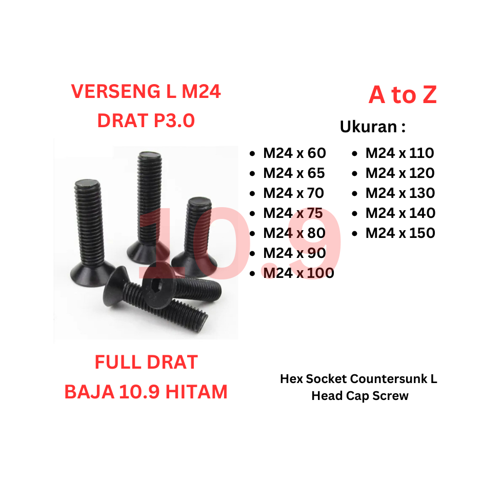 Verseng L Baja 10.9 - M24 x 60 / 65 / 70 / 75 / 80 / 90 / 100 / 110 / 120 / 130 / 140 / 150 Full Dra