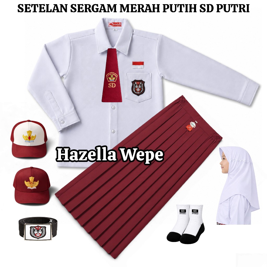 Setelan Seragam Sekolah SD Merah Putih Anak Perempuan Baju Putih SD Lengan Panjang Rok Merah Panjang