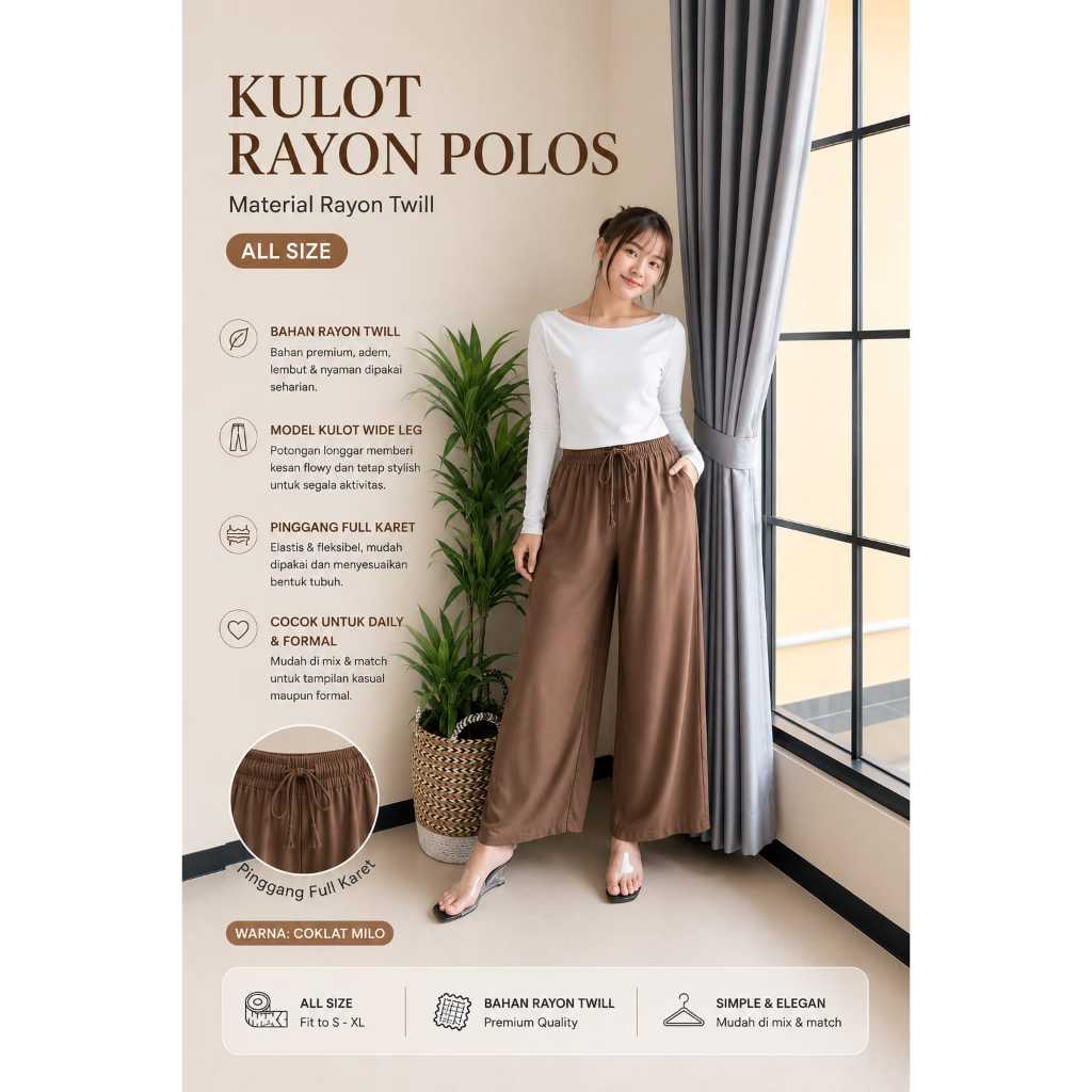 Celana Kulot Wanita Rayon Twill Premium Loose Cullote Pants Homewear