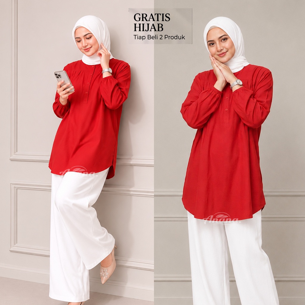 Baju Atasan Blouse Wanita Merah Cabe Busana Muslim Polos Lengan Panjang Kemeja Kekinian Terbaru Fash