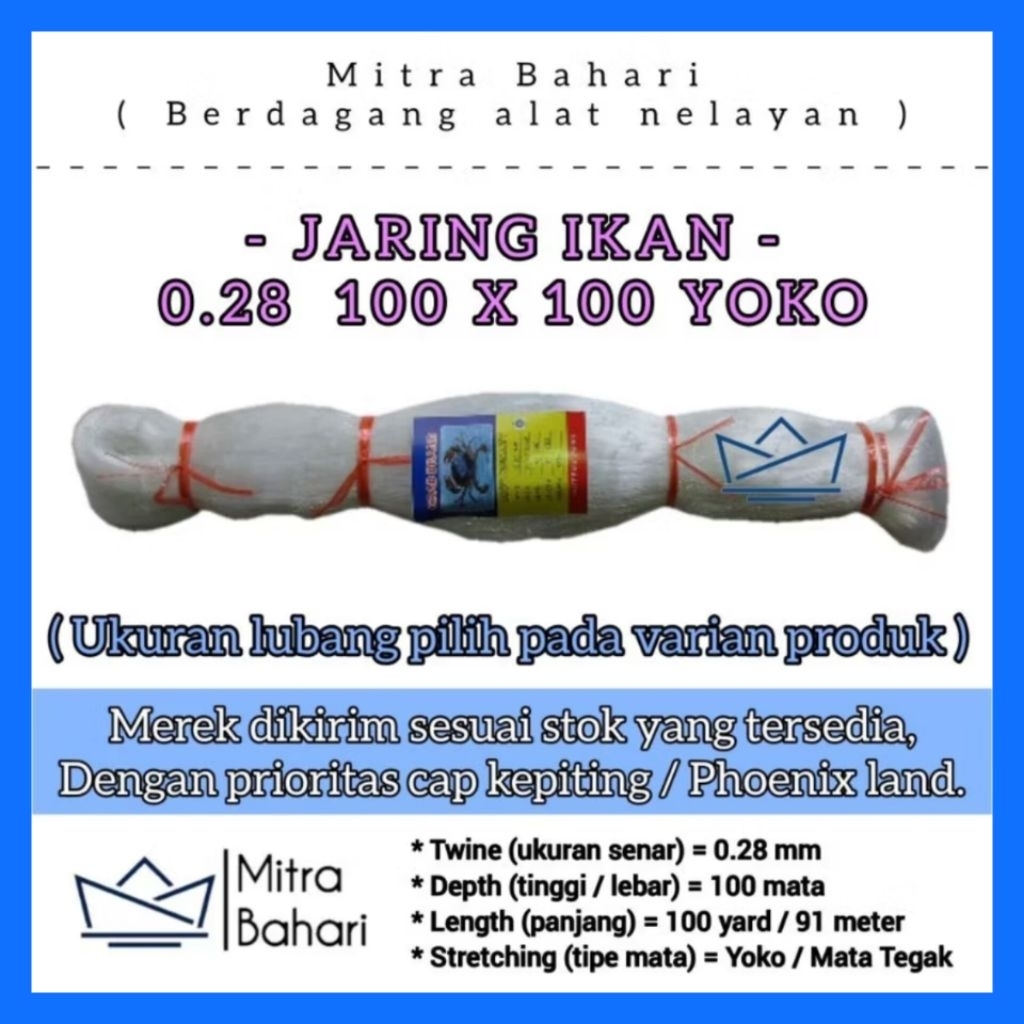 JARING IKAN 0.28 100X100 YOKO / JARING SENAR 028 / PUKAT 0.28 / PUKAT KEPITING / JARING IKAN COD / J