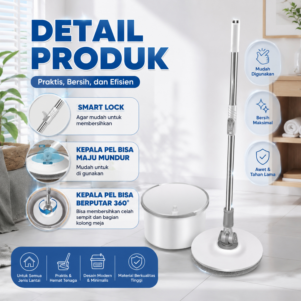 Super Pel Praktis Mop Pel Putar Bulat Untuk Perlengkapan Rumah