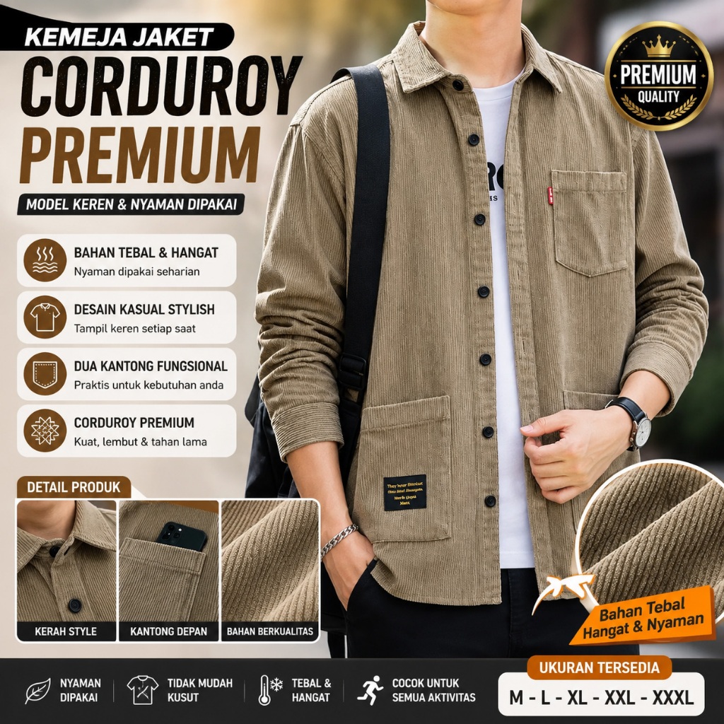 Kemeja Corduroy Pria Premium – Jaket Casual Korea Lengan Panjang Kekinian Jaket casual  semi parka  