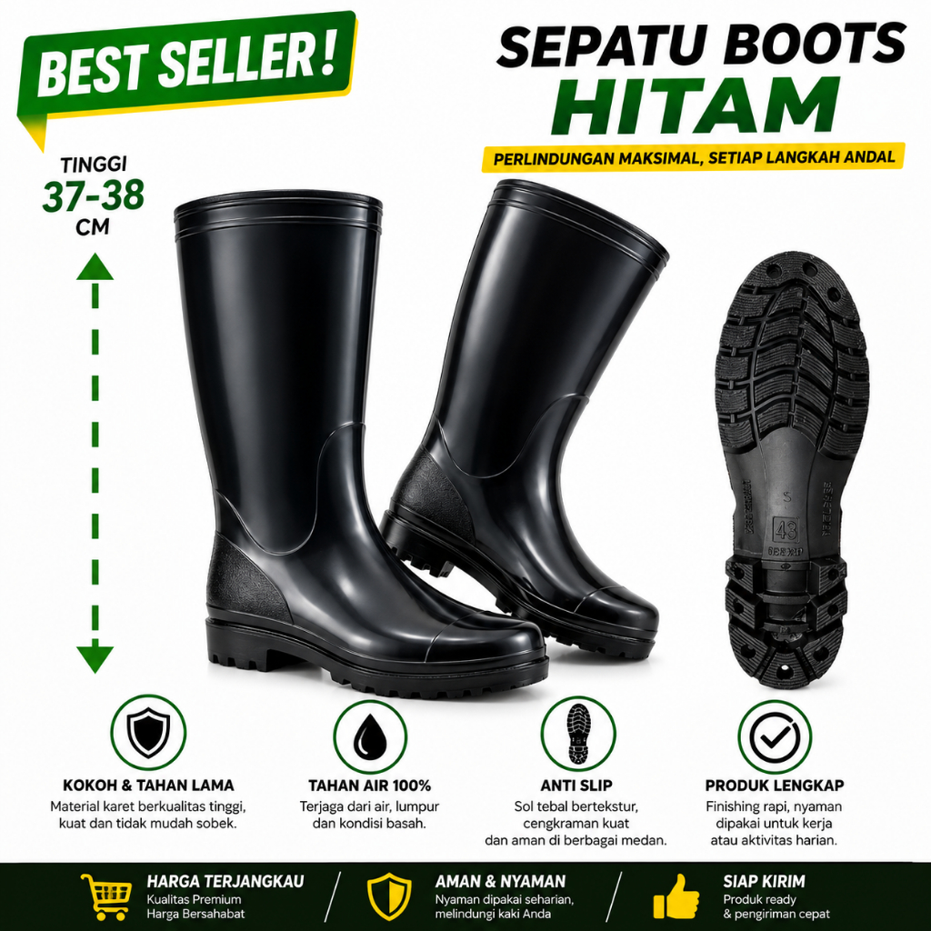 RAJA Sepatu Boots Pria Hitam karet Proyek Sepatu Boot Tinggi Karet Sepatu boots Safety Tahan Air