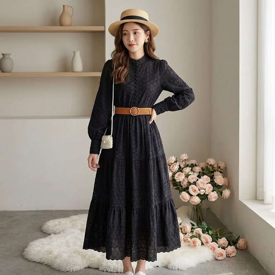 Maxi Dress Wanita Katun Bordir Eyelet Premium Import / Baju Long Dress Pesta Lengan Panjang Kancing 