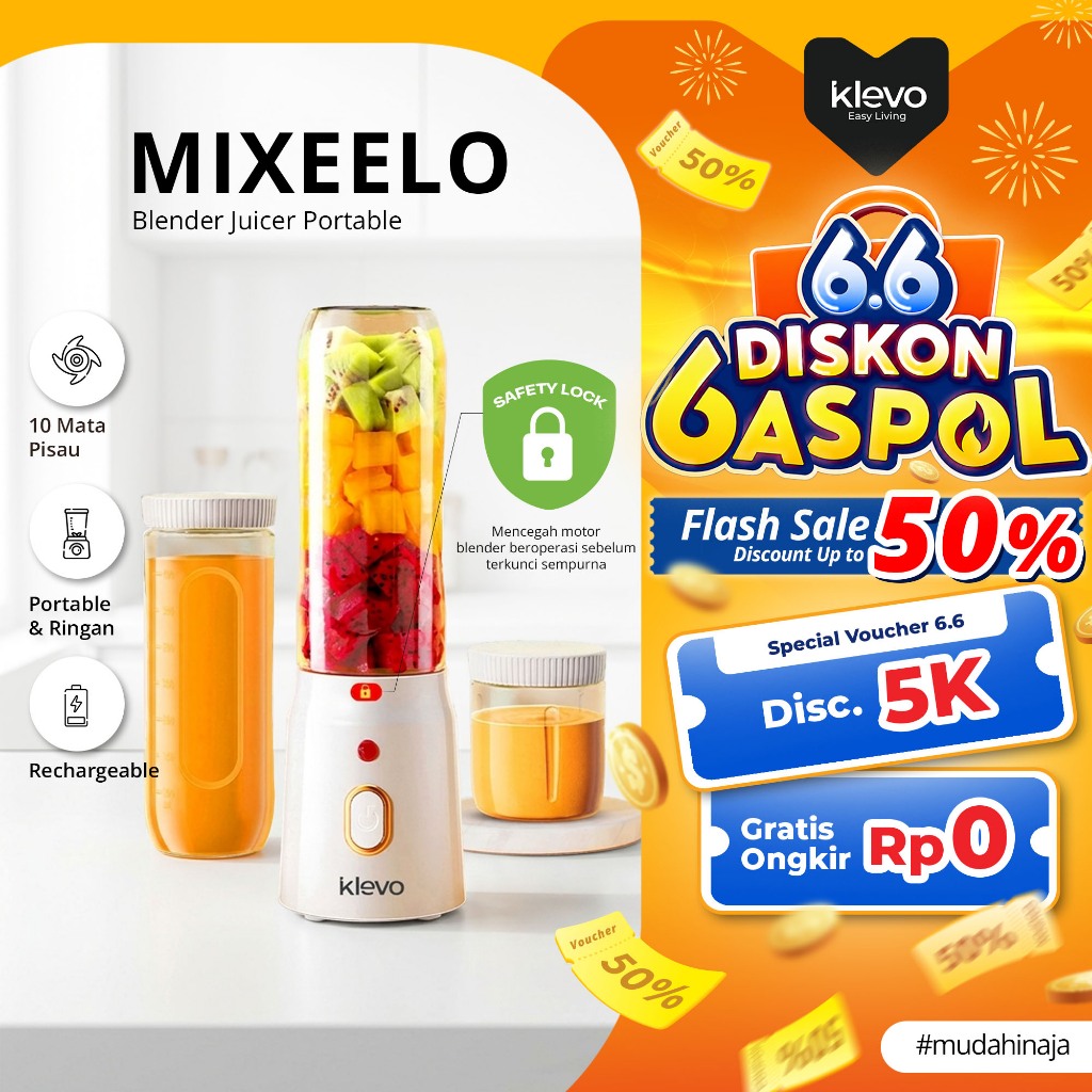 KLEVO Mixeelo Blender Juicer Portable 10 Mata Pisau 450ml Rechargeable Praktis Minimalis