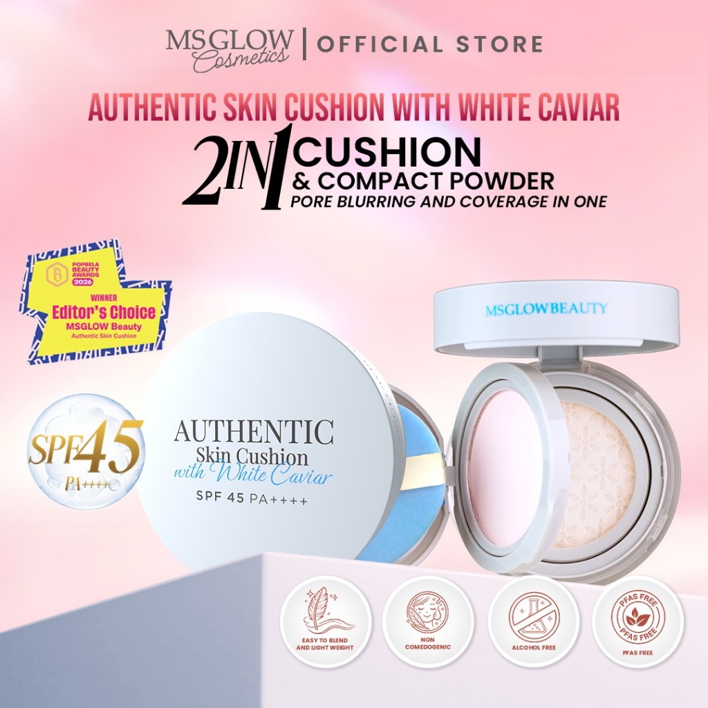 MS GLOW - AUTHENTIC SKIN CUSHION WITH WHITE CAVIAR | 2 IN 1 CUSHION AND COMPACT POWDER
