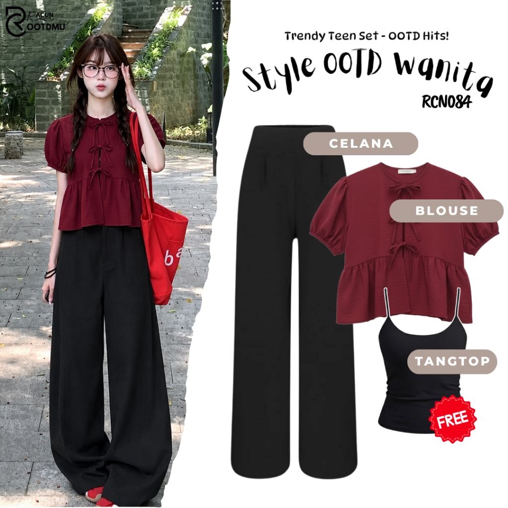 Oneset Wanita Kekinian - Blouse Jess + Celana Kulot + Tanktop [RCN084]