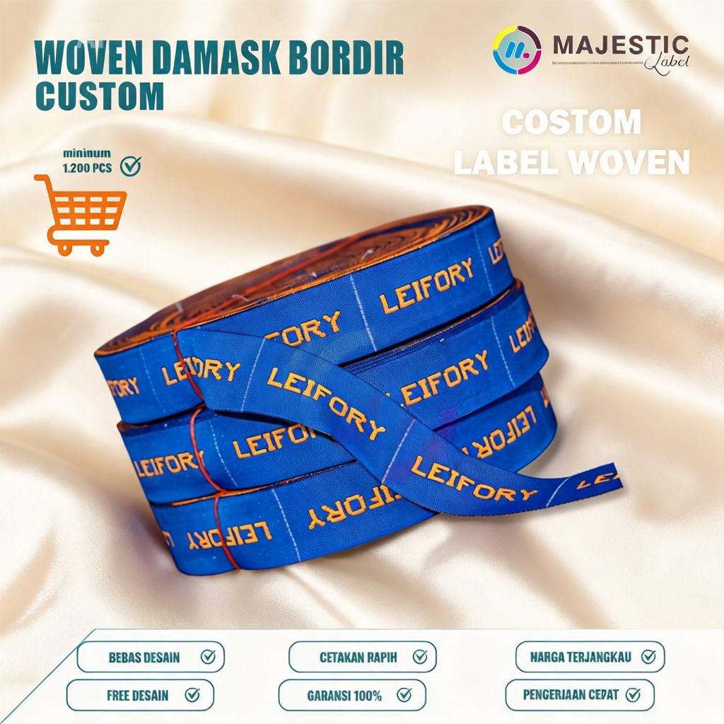 all size woven damask custom + label woven + label baju bordir + label tenun