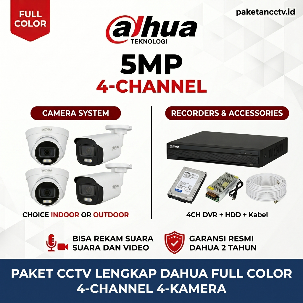 paket cctv dahua 5mp colorvu 4 channel 4 kamera audio series