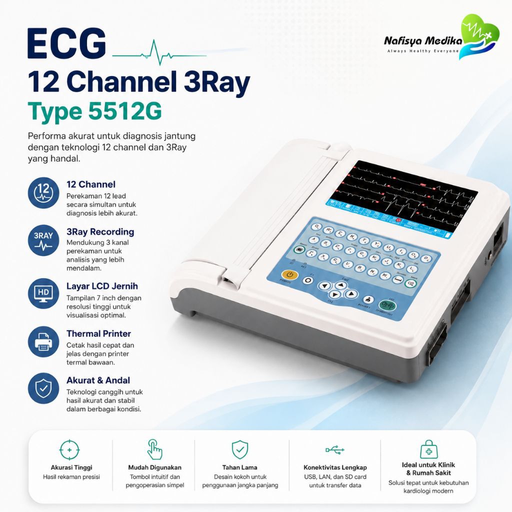 ECG 12 Channel 3Ray 5512G | Mesin EKG Digital 12 Lead LCD 7 Inch Thermal Printer Klinik RS