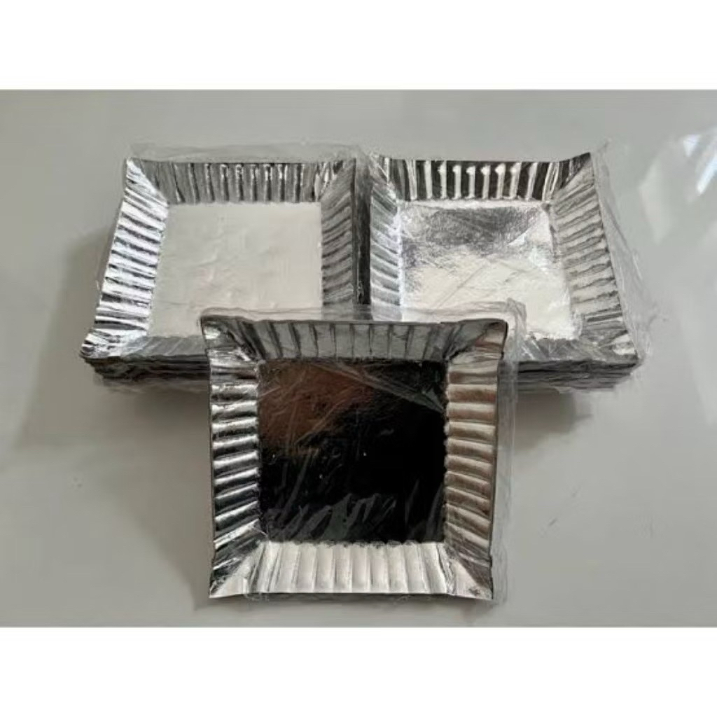 Lepek Buah/Lepek Kue 100 Pcs. Piring Kertas Kotak silver. Piring Kertas Pesta.
