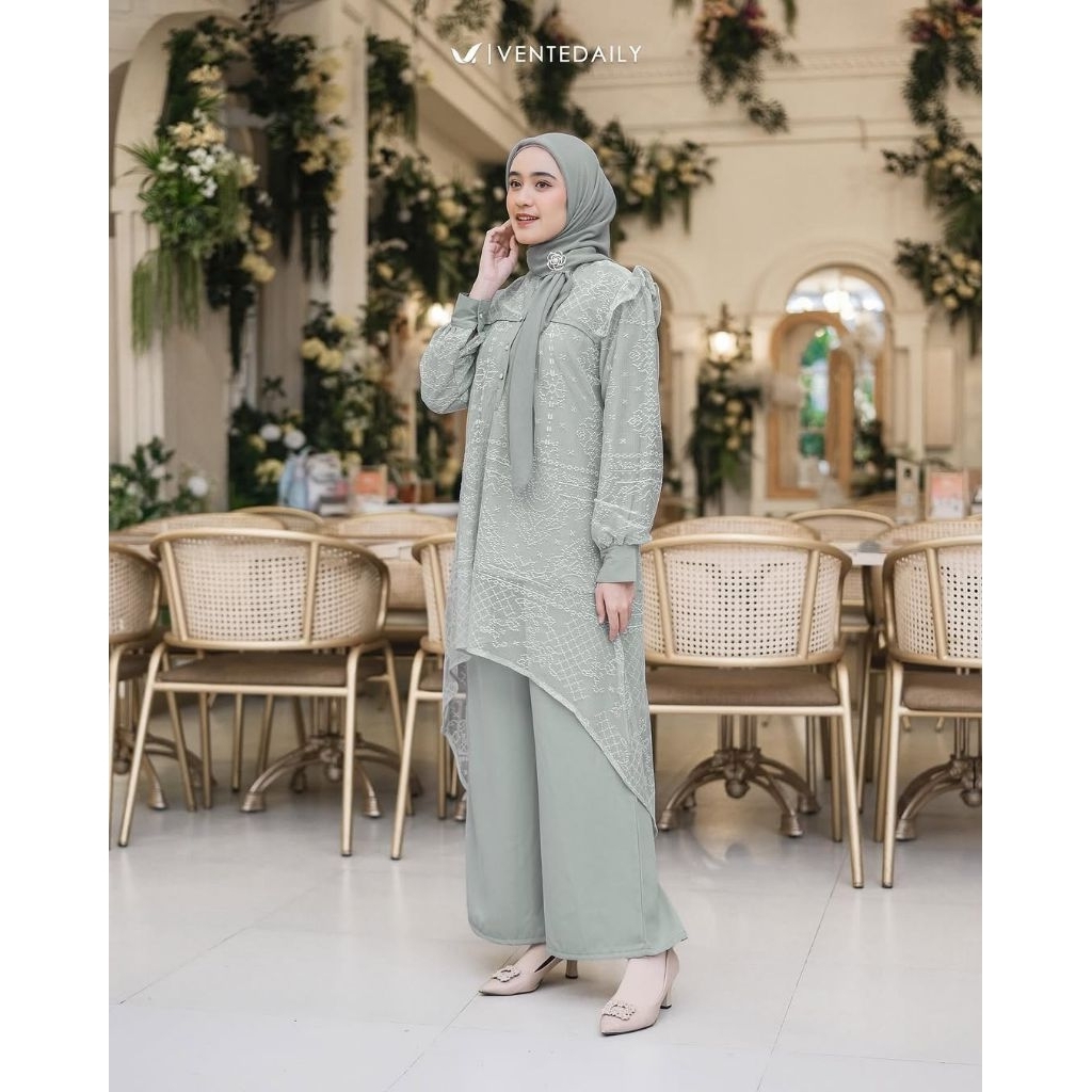 Setelan Wanita Atasan Tunic Brukat, Celana Kulot Polos, Outfit Kondangan Kekinian