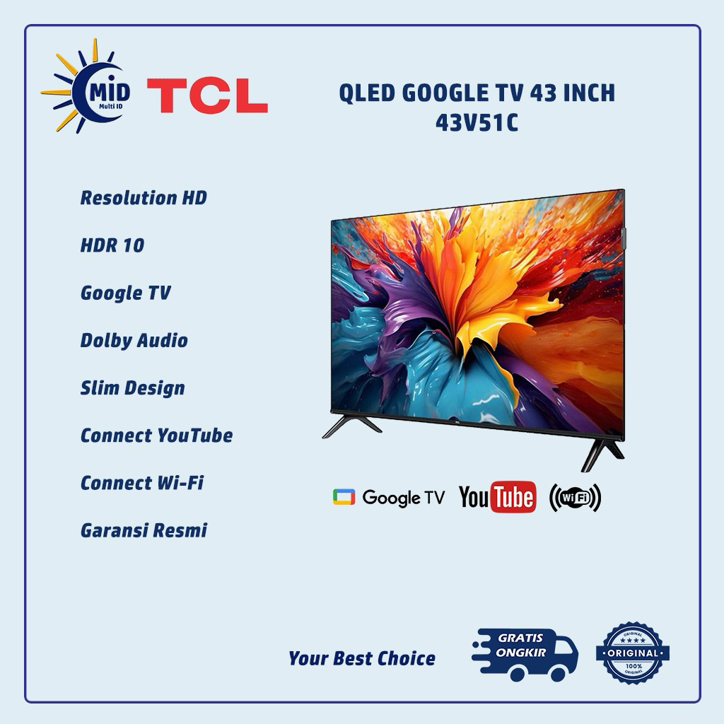 TCL QLED 43 Inch Google TV 43V51C | TCL 43 Inch Google TV | QLED TV TCL Garansi Resmi | Dolby Audio 