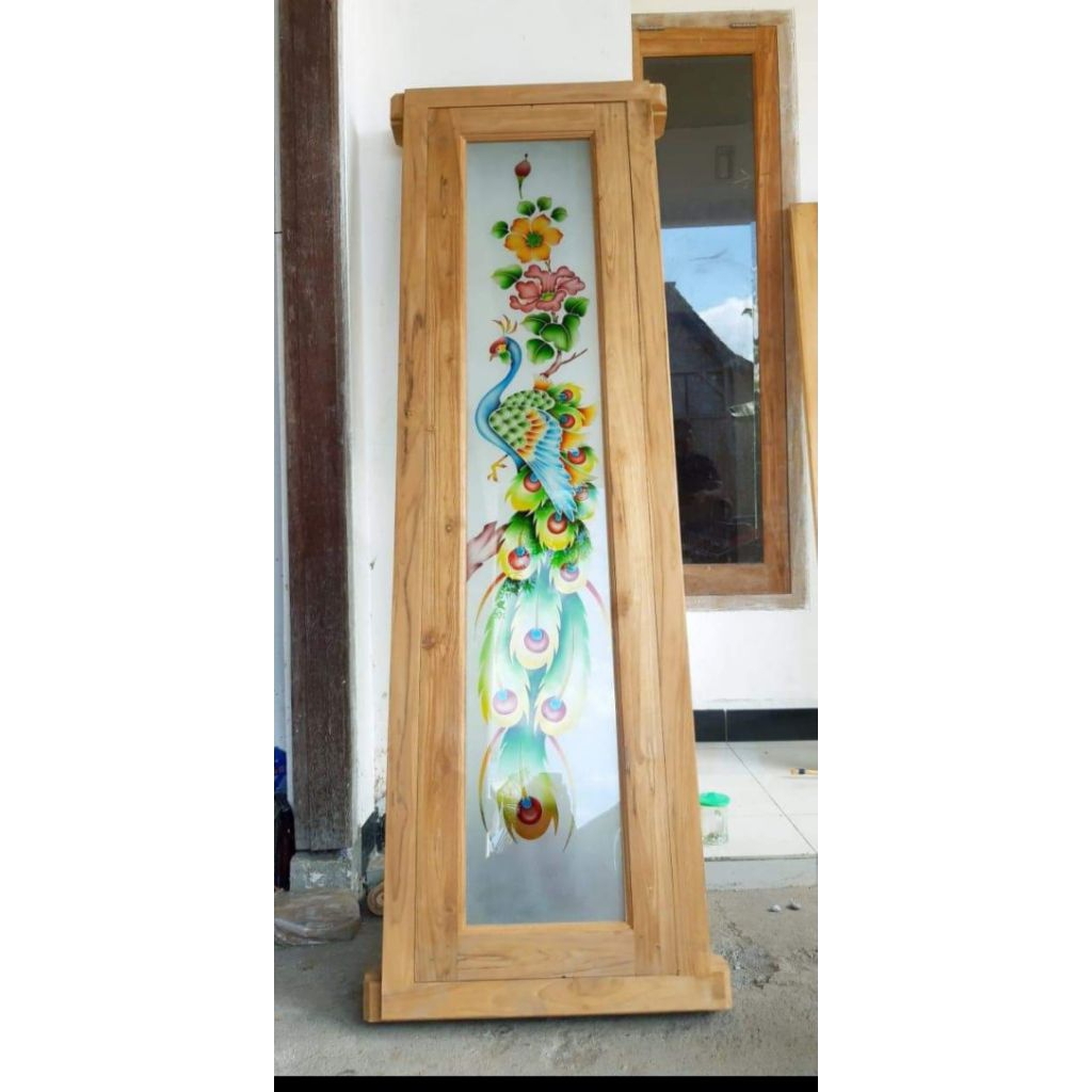 1 set jendela gambar kayu jati, kusen+daun jendela