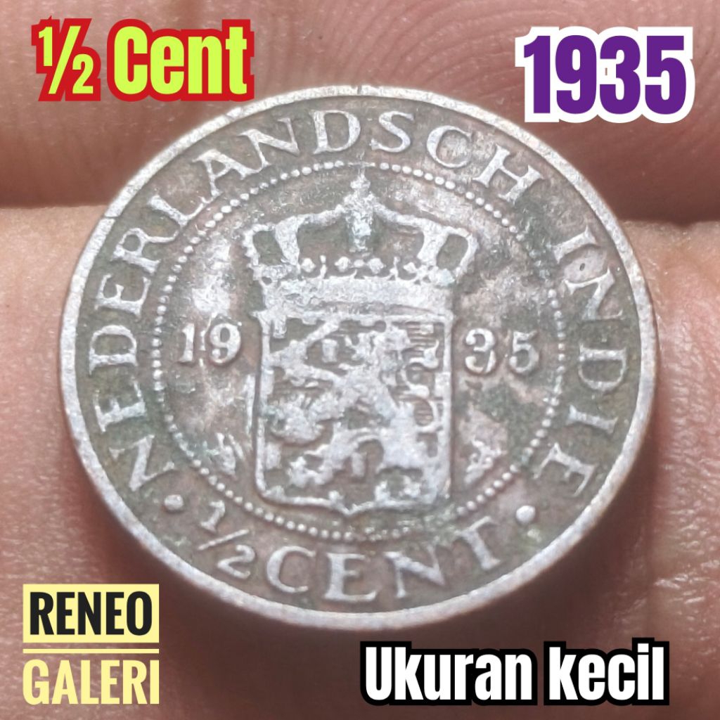 Koin kecil ½ Cent tahun 1935 asli korosi Nederlandsch Indie 1/2 0,5 setengah sen uang kuno zaman Hin