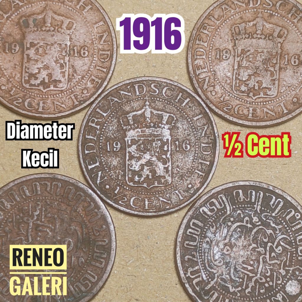 Koin kecil ½ Cent tahun 1916 asli korosi Nederlandsch Indie 1/2 0,5 setengah sen uang kuno jaman Hin